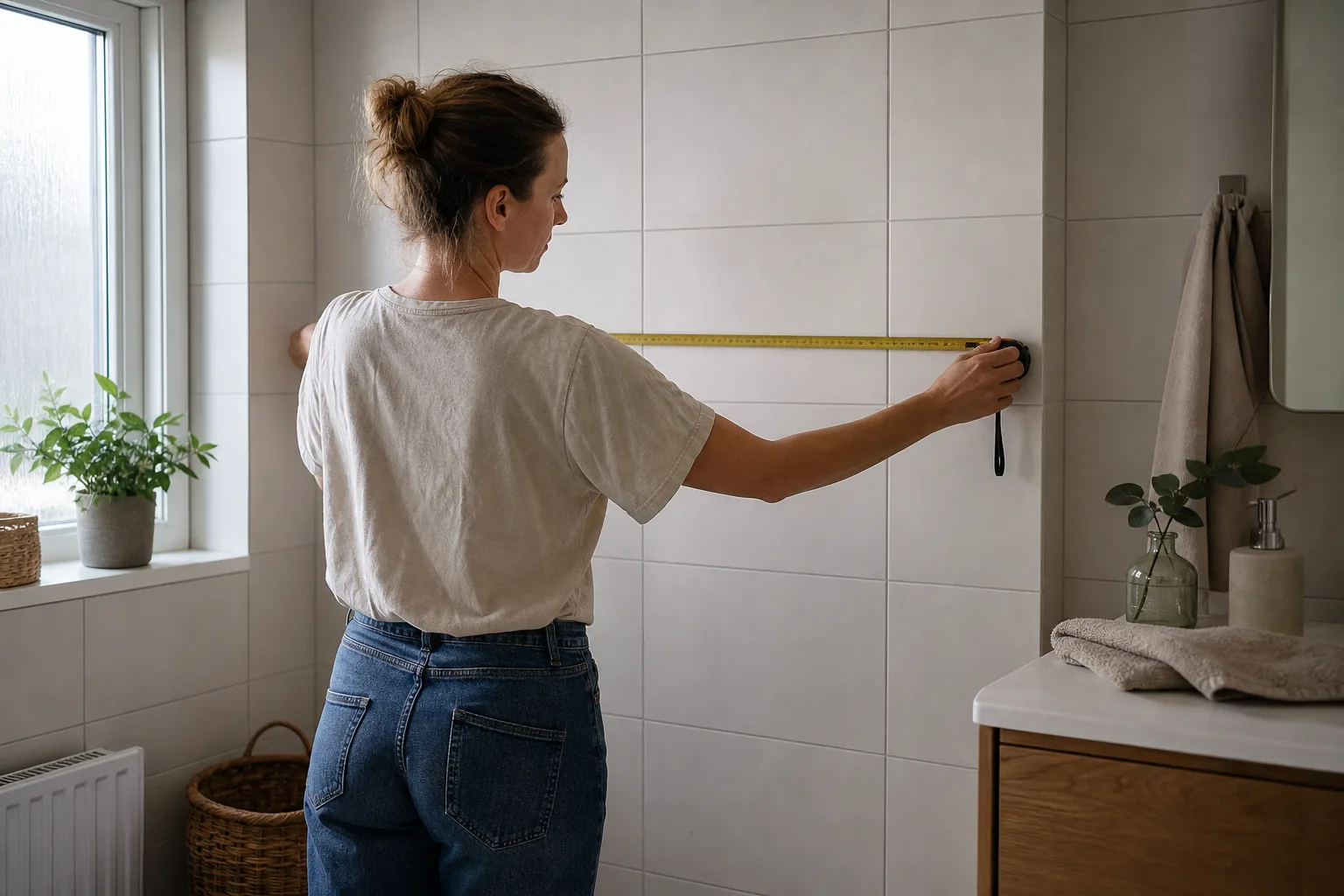 Litet badrum med plats framför ett utfällt skötbord