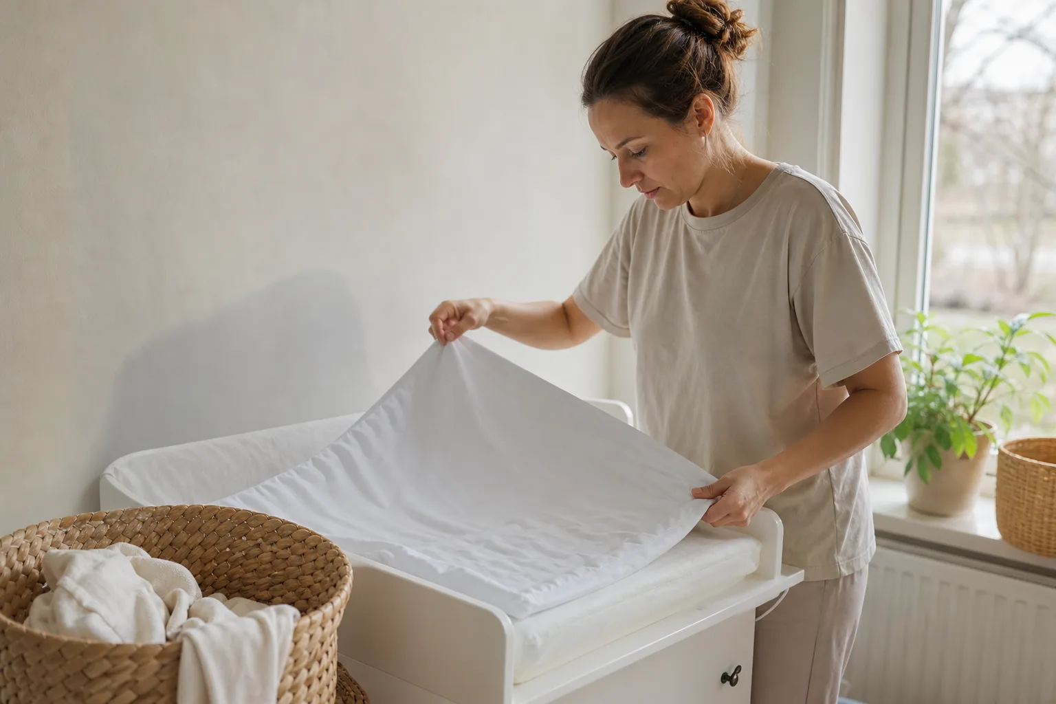Rent överdrag dras över en skötbädd