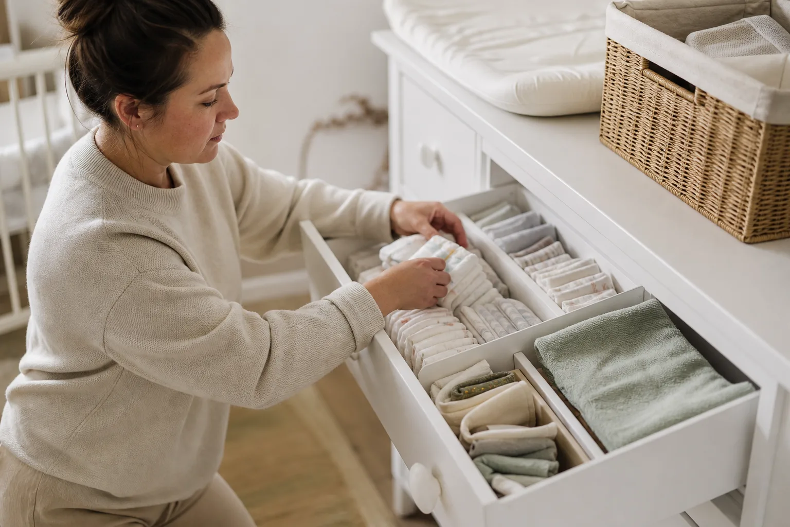 Öppen låda i skötbyrå med ordnade blöjor och handdukar